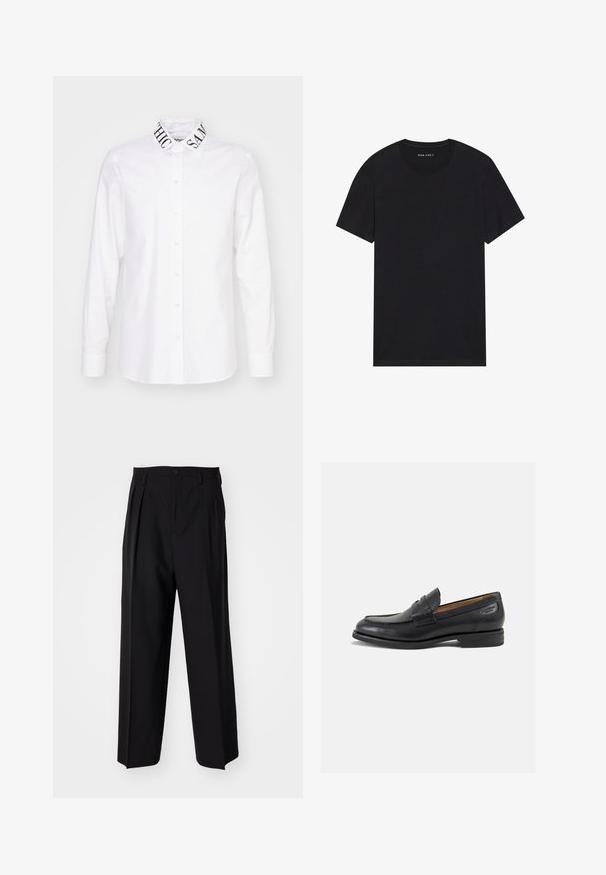Biała koszula z zapięciem na guziki i długimi rękawami. Wyraźne kontrastujące wykończenie kołnierza z nadrukiem "CHIC" i "SAME". Gładka faktura materiału.; Czarny bawełniany T-shirt z krótkim rękawem i okrągłym dekoltem. Materiał ma gładką teksturę oraz prosty, jednolity wzór.; Czarne plisowane spodnie o prostym, szerokim kroju nogawek. Wykonane z gładkiego materiału, z zapięciem na guzik i pętelkami na pasek.; Czarne skórzane mokasyny o gładkim wykończeniu, zaokrąglonym nosku i dekoracyjnym przeszyciu na cholewce. Niski, warstwowy obcas i delikatny połysk.