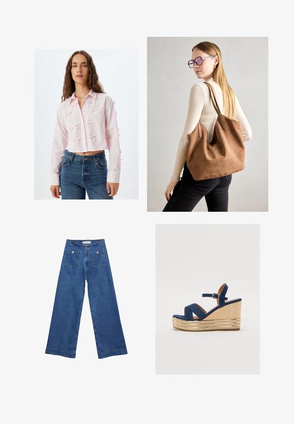 Pink cropped shirt made of lightweight fabric, featuring a button-down front, pointed collar, and decorative bows on sleeves. Paired with blue jeans.; Denim wide-leg jeans with a medium blue wash, two front pockets with button closures, and stitched detailing along the hems.; Navy blue wedge sandal with crossed straps, a textured natural fiber platform, and a gold metallic accent on the base.; Brown suede tote bag with soft texture, large opening, and long straps. Features a simple design with visible stitching and no hardware.