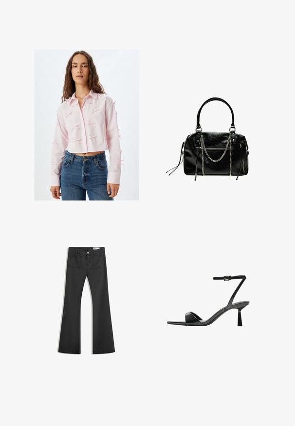 Rosa kurzes Shirt aus leichtem Stoff, mit einer durchgehenden Knopfleiste, spitzem Kragen und dekorativen Schleifen an den Ärmeln. Kombiniert mit blauen Jeans.; Schwarze Schlagjeans aus Denim mit glatter Textur, ausgestattet mit zwei Gesäßtaschen und einem Knopfverschluss an der Taille.; Bershka High Heel Sandalette - black; Bershka WITH CHAIN - Handtasche - black