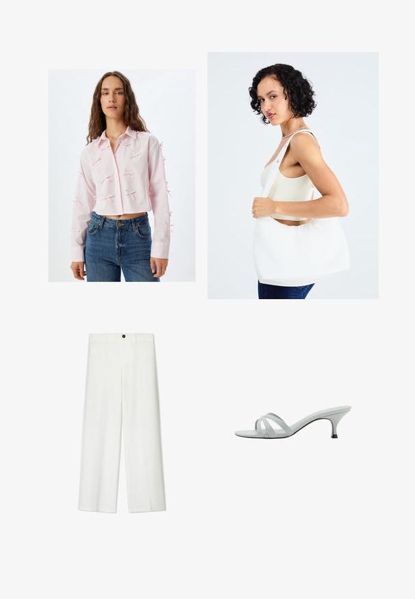 Pink cropped shirt made of lightweight fabric, featuring a button-down front, pointed collar, and decorative bows on sleeves. Paired with blue jeans.; White, wide-leg trousers with a smooth texture, featuring a front button closure and belt loops, tailored for a relaxed fit.; Light gray heeled sandals with three crisscross straps, a slim profile, and a tapered heel. Smooth texture with a slightly shiny finish.; White shoulder bag made of smooth material, featuring an oval cutout and wide strap design. Simple and modern with no visible hardware.