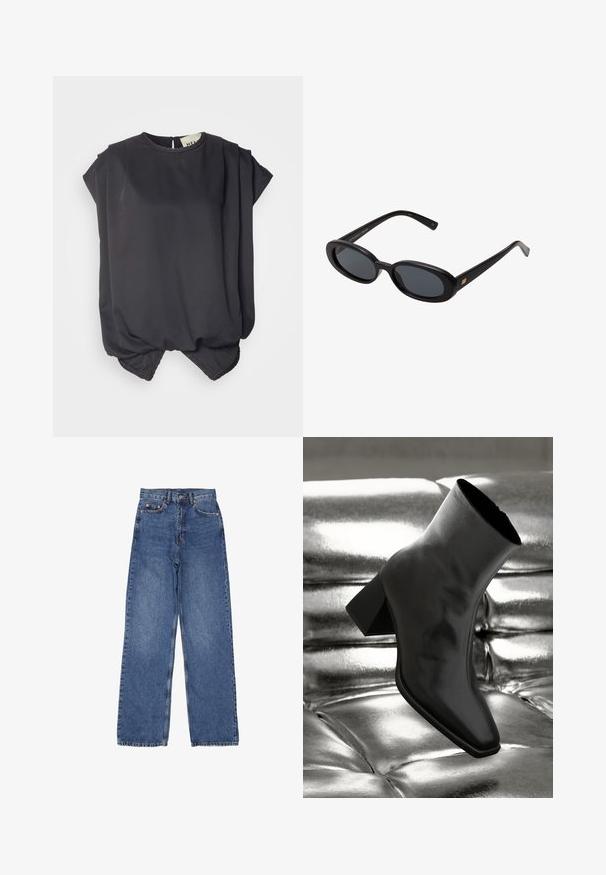 Top corto a maniche corte di colore nero realizzato in tessuto liscio. Presenta un collo rotondo, un design drappeggiato e un orlo arricciato con una leggera forma a bolla.; Jeans in denim con vita alta e gambe larghe, caratterizzati da un classico lavaggio blu, cuciture visibili e dettagli metallici sulla tasca frontale.; Stivale alla caviglia nero realizzato in materiale lucido con punta quadrata e tacco affusolato, posizionato su uno sfondo argentato lucido con imbottiture a sfera.; Occhiali da sole neri oversize con lenti ovali, montatura in plastica liscia e accenti dorati sulle tempie. Le lenti scure offrono protezione dal sole.