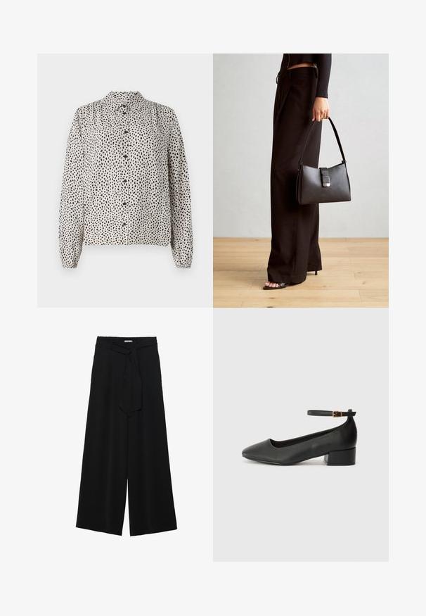 Camicia button-up color crema con macchie nere, dotata di colletto, maniche lunghe e polsini elastici. Realizzata in un tessuto leggero e liscio.; Pantaloni neri a gamba larga caratterizzati da un tessuto testurizzato, una vita elastica e una cintura staccabile per una vestibilità regolabile.; Pump in pelle nera con punta affusolata e tacco basso a blocco. Presenta una cinghia alla caviglia con una fibbia in tonalità oro. Texture liscia.; Borsa nera con forma strutturata, texture liscia e una chiusura metallica. Abbinata a pantaloni neri larghi e sandali open-toe su un pavimento in legno.