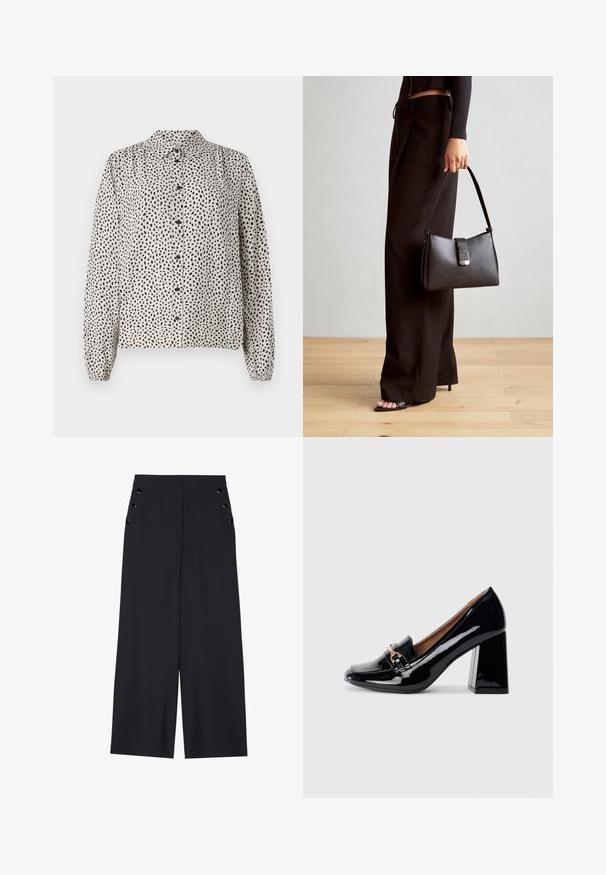 Košulja na dugih rukava u krem boji s crnim točkicama, s kragnom, dugim rukavima i elastičnim manžetama. Napravljena od laganog, glatkog materijala.; Hlače širokih nogavica od tamnoplave tkanine, s glatkom teksturom, prednjim ispupčenjima i dekorativnim zlatnim okovama na bočnim džepovima.; Crna lakirana visoka potpetica s oštrim vrhom i blok potpeticom. Sadrži dekorativnu traku i detalj s kopčom na gornjem dijelu.; Crna torba s oblikom koji sadrži strukturu, glađu teksturu i metalnu kopču. Uparena s širokim crnim hlačama i sandalama na otvorenom s drvenog poda.