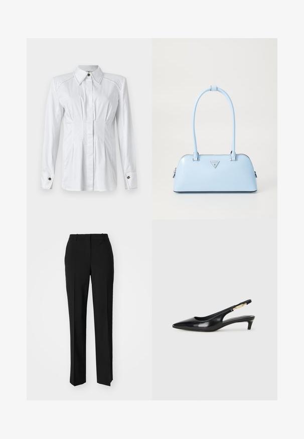 Elisabetta Franchi Skjortebluser - bianco; Sorte skræddersyede bukser med lige ben-design, der har en glat tekstur og skarpe folder langs fronten. Ingen synlige hardware.; Sorte læder slingback hæle med spids tå, der har en slank hæl og en guldfarvet detalje på den justerbare rem. Glat tekstur.; Lyseblå håndtaske med en struktureret form, glat lædermateriale, to hanke og et trekantet brandlogo på fronten. Lynlås lukning.