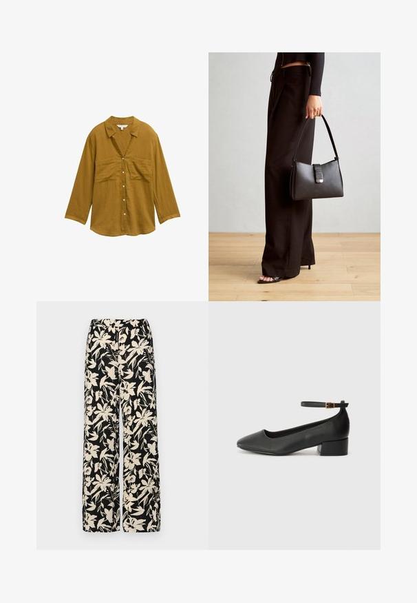 Musztardowa koszula z guzikami, z kołnierzykiem, długimi rękawami i dwiema przednimi kieszeniami. Wykonana z lekkiego, teksturowanego materiału.; Czarna bluzka krótki rękaw wykonana z gładkiego materiału, z fasonem peplum i paskiem w talii z dwoma okrągłymi, srebrnymi guzikami.; Czarne spodnie wide-leg z kremowym kwiatowym wzorem. Wykonane z lekkiego materiału, o gładkiej teksturze i wysokim staniku.; Czarne skórzane szpilki z ostrym noskiem i niskim słupkowym obcasem. Wyposażone w pasek na kostkę z złotym zapięciem. Gładka tekstura.; Czarna torebka o usztywnionym kształcie, gładkiej fakturze i metalowym zapięciem. Połączona z szerokimi czarnymi spodniami i sandałami na otwartym palcu na drewnianej podłodze.