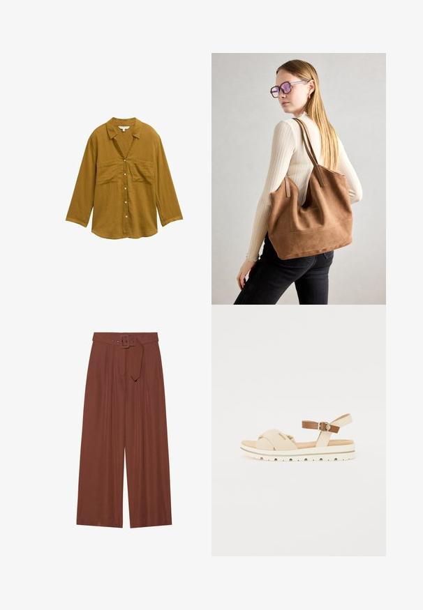 Sinepės geltonos spalvos marškiniai su apykakle, ilgomis rankovėmis ir dviem priekinėmis kišenėmis. Pagaminti iš lengvos, tekstūruotos medžiagos.; Plačios kelnių kelnės rudos spalvos audinyje, su diržu su kvadratiniu sagtimi, klostuotų dizainu ir lygiu paviršiumi.; Šviesiai rudos spalvos sandalai pagaminti iš minkštos medžiagos, su persikryžiavusiomis dirželiais, rudos spalvos kulkšnies diržu su sagtimi ir balta, su sukibimo detalėmis, pada.; Ruda zomšos rankinė su minkšta tekstūra, dideliu atidarymu ir ilgomis diržais. Pasižymi paprastu dizainu, matomomis siūlėmis ir be aksesuarų.