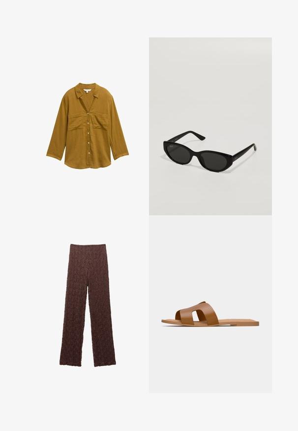Camicia gialla senape con bottoni, colletto, maniche lunghe e due tasche frontali. Realizzata in un tessuto leggero e testurizzato.; Pantaloni marroni con texture, superficie stropicciata, gambe larghe e vita elastica. Il tessuto appare morbido e leggermente elasticizzato.; Sandali piatti marroni con ampi cinturini incrociati in materiale sintetico liscio e una suola piatta e minimalista.; Occhiali da sole neri a forma di cat-eye, con profilo sottile. Realizzati in plastica liscia, con lenti scure e leggere incisioni del logo sulle tempie.; Borsa tote in paglia intrecciata con texture a treccia, manici e base in pelle marrone scuro, forma circolare larga e design con apertura superiore.; Pinza per capelli bianca a forma di fiore con una leggera sfumatura gialla, dotata di un meccanismo a molla e di una superficie in plastica liscia.
