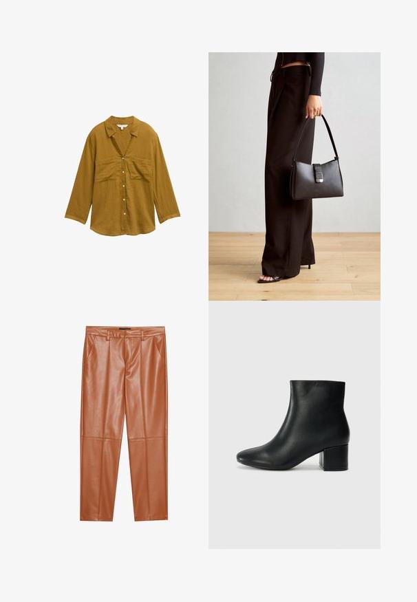 Kollane nööbitav särk, millel on krae, pikad varrukad ja kaks esitaset. Valmistatud kergest, tekstureeritud kangast.; Pruunid kunstnahast püksid, millel on kohandatud lõige, ees on voldid ja sirged sääred. Sile tekstuur ilma nähtavate riistade või aktsentideta.; Mustad nahast pahkluu saapad terava varbaga ja jämeda kandaga. Sile tekstuur minimaalse aktsentidega ja stiilne, lihvitud disain.; Must musta kott, millel on struktureeritud kuju, sile tekstuur ja metallist klamber. Kombineeritud laiate mustade pükstega ja avatud varvaste sandaalidega puidust põrandal.