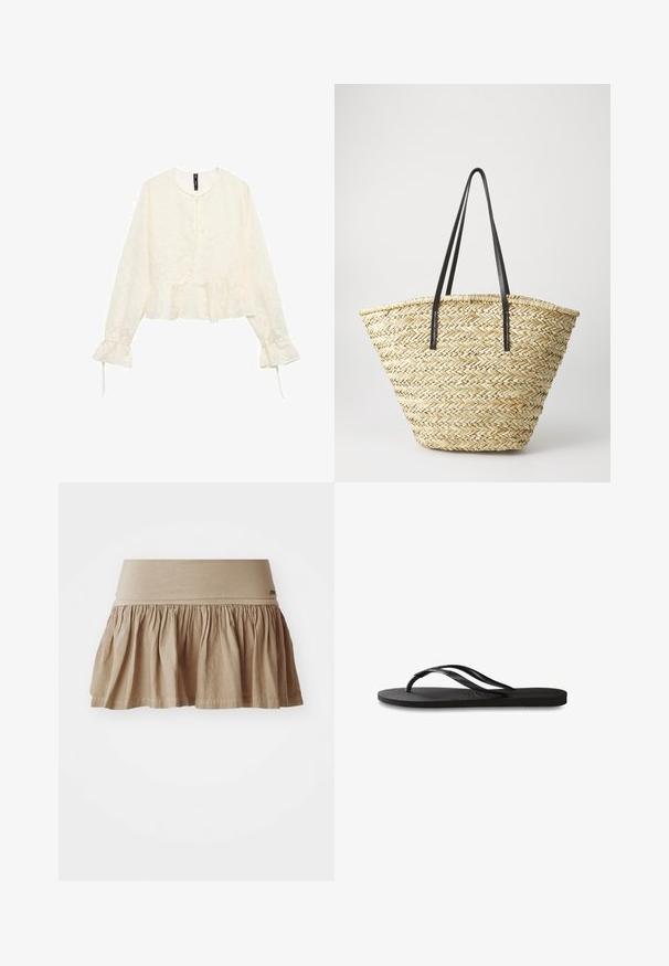 Blouse à manches longues couleur crème avec un bas en peplum, motif floral texturé et détail à nouer au niveau du cou. Manches évasées avec lanières.; Jupe en coton beige avec un ourlet froncé, dotée d'une large taille élastique. Matière légère avec une texture douce et un design décontracté.; Tongs noires avec une semelle en caoutchouc texturée, deux fines lanières et un détail de logo embossé subtil sur la lanière.; Sac en osier tissé avec une forme large et effilée, doté de deux poignées en cuir noir. Couleur beige naturel avec une surface texturée.