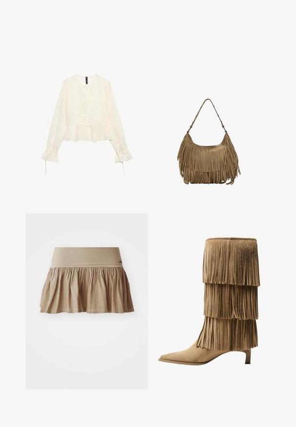 Blouse à manches longues couleur crème avec un bas en peplum, motif floral texturé et détail à nouer au niveau du cou. Manches évasées avec lanières.; Jupe en coton beige avec un ourlet froncé, dotée d'une large taille élastique. Matière légère avec une texture douce et un design décontracté.; Bottine à franges en daim tan avec trois couches de franges. Bout pointu et petit talon carré. Texture lisse sur l'ensemble.; Sac à main en daim marron avec des détails en franges longues, une forme incurvée et une seule bandoulière. Caractérisé par une surface lisse et texturée.