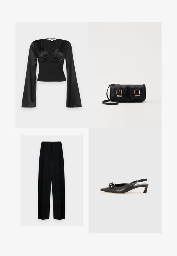 Melnas samta krūšturis ar dziļu V formas kaklu, ručotu krūšu detaļu un garām, paplatinātām piedurknēm, kas nodrošina strukturētu piegriezumu.; Melni plati bikses ar augstu jostasvietu, kas papildinātas ar pudiem un gludu tekstūru. Audums izskatās viegls un eleganti krīt.; Melnas ādas siksnu kurpes ar smailu pirkstu, nelielu papēdi un dekoratīvu sprādzi augšdaļā. Gluda tekstūra, minimālistisks dizains.; Melnas ādas crossbody soma ar divām priekšējām kabatām, zelta sprādzēm, ar rāvējslēdzēju aizdari un šauru siksnu. Strukturēta virsma un kompakta taisnstūra forma.