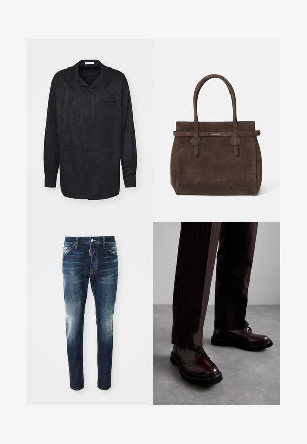 Schwarzes Hemd mit Knöpfen, einem subtilen strukturierten Muster, langen Ärmeln, mit eingeschnittenem Kragen und einer Brusttasche. Weicher Stoff und klassisches Design.; Weißes Baumwoll-Top ohne Ärmel mit rundem Ausschnitt, ausgestattet mit einer glatten Textur und einer figurbetonten Form, ideal für die Freizeit.; Dunkelblaue Jeans im Slim-Fit-Schnitt, mit verwaschenen Stellen an den Oberschenkeln und Knien, fünf Taschen und einem Metallknopfverschluss.; Braune Leder Schnürschuhe mit glänzender Oberfläche, schwarzer Gummisohle und dezenten Nähten. Getragen mit braunen Angabenhosen mit Nadelstreifen.; Dunkelbraune Wildledertasche mit doppelten Griffen und einem horizontalen Riemen, der mit einem kleinen goldenen DSQUARED2-Logo-Plakette versehen ist.