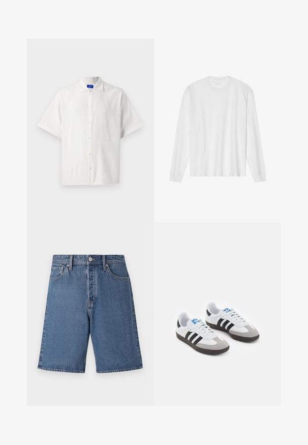 Trumpas rankovės baltas marškiniai su mygtukais, pagamintas iš lengvos medžiagos, su klasikiniu apykakle ir subtiliu tekstūru. Mygtukai yra tolygiai išdėstyti.; Ilgos rankovės baltas medvilnės marškinėliai su apvaliu kaklu ir raukšlėtomis rankovėmis. Paprastas, be puošmenų dizainas, turintis lygią tekstūrą ir standartinę prigludimą.; Šviesiai mėlyni džinsiniai šortai su išblukusia tekstūra, penkių kišenių dizainu ir mygtukiniu užsegimu ties juosmeniu.; Sportiniai batai su balta odine viršutine dalimi, pilku zomšiniu priekiu ir trimis juodomis juostelėmis. Ant liežuvio yra mėlynas logotipas, o padas pagamintas iš tekstūruoto gumos.