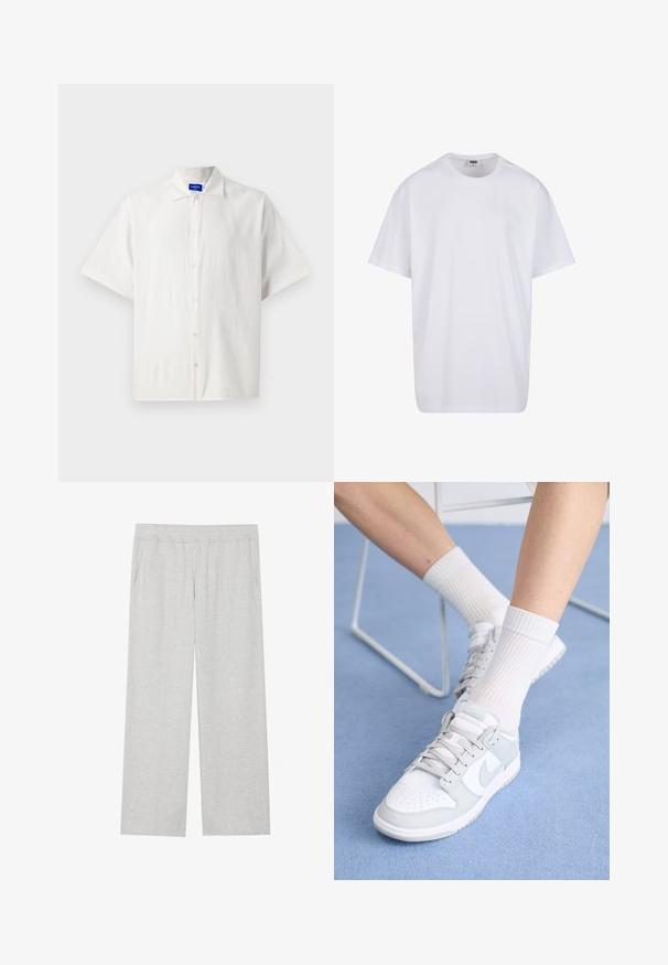 Camicia bianca a maniche corte, realizzata in tessuto leggero, con colletto classico e una texture sottile. I bottoni sono disposti in modo uniforme.; Maglietta bianca in cotone con maniche corte, scollatura rotonda, vestibilità comoda e senza loghi o motivi visibili. Texture liscia e design minimale.; Pantaloni tuta grigi chiari a gamba larga realizzati in morbido tessuto. Presentano una vita elastica e tasche laterali. Tessuto liscio con un design pulito.; Sneaker bianche con accenti azzurri, tomaia in pelle, punta perforata, lacci spessi e calze bianche a coste su sfondo blu.