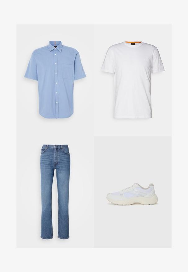 Jasnoniebieska koszula z krótkim rękawem na guziki, wykonana z lekkiego materiału, z kieszonką na piersi i klasycznym kołnierzykiem oraz białymi guzikami.; Biała bawełniana koszulka z okrągłym dekoltem, krótkimi rękawami oraz subtelnie wytłoczonym logo na klatce piersiowej. Wewnętrzna metka ma pomarańczowy akcent.; Niebieskie dżinsy o wysokim stanie, prostym kroju nogawek i subtelnych przetarciach. Posiadają klasyczny pięciopakowy styl oraz zamek błyskawiczny.; Białe sportowe buty wykonane z siateczki i zamszu, z teksturowaną podeszwą środkową, teksturowanymi akcentami i logo "HUGO" z boku.