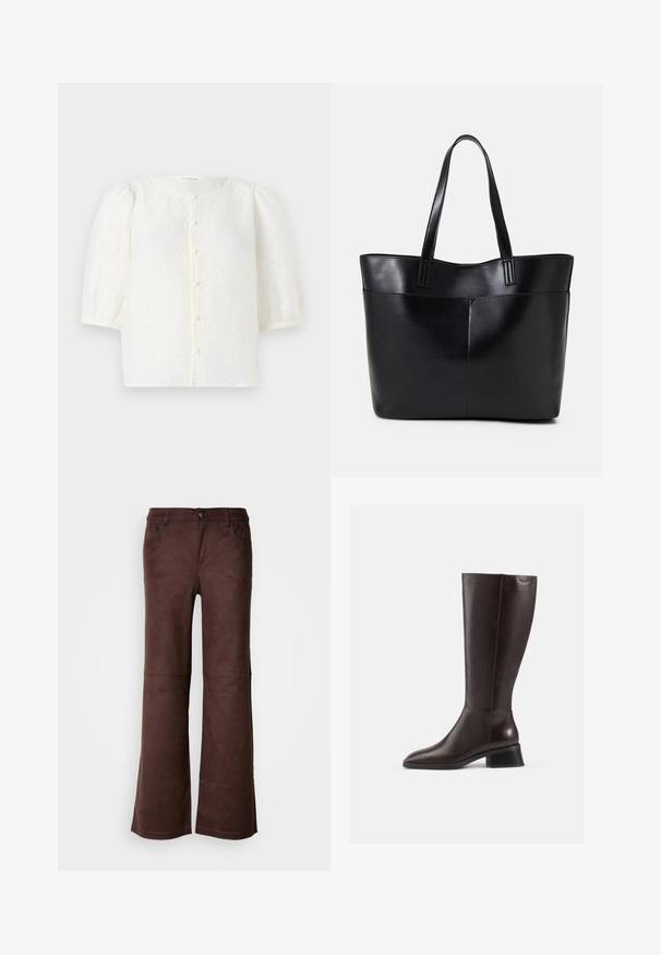 Blusa bianca con tessuto texture, scollatura rotonda e maniche a palloncino corte. Presenta una chiusura frontale con bottoni piccoli e rotondi.; Pantaloni a palazzo marroni in un tessuto morbido simile al suede. Presentano quattro tasche, una chiusura con bottone e una superficie liscia e testurizzata.; Stivali in pelle marrone al ginocchio con finitura liscia, punta arrotondata e tacco nero impilato. Design semplice con dettagli hardware minimi.; Borsa a tracolla in pelle nera con due manici lunghi, una texture liscia e una forma strutturata. Presenta una tasca frontale per ulteriore spazio di archiviazione.