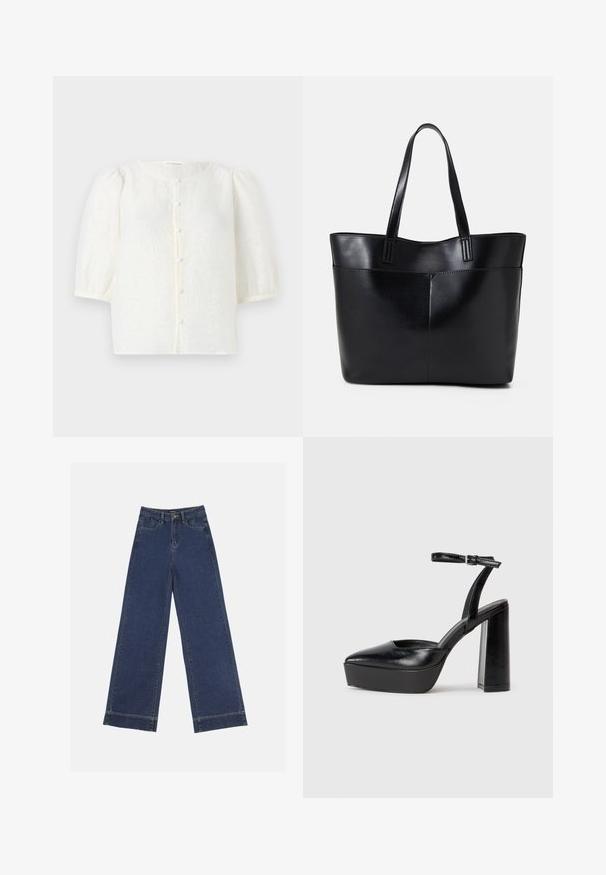 Valge pluus tekstuuriga kangast, ümar dekoltee ja lühikesed puffvarrukad. Omab eespool nupulukku väike ümmarguste nuppudega.; Laiad püksid tumedast sinisest denimist. Omab viit taskut, vöölõke ja toore äärega allosas, kus on nähtavad õmblused.; Mustad platvormi kontsad terava ninaga ja reguleeritava pahkluuraamiga. Valmistatud siledast nahast, funktsioneerib massiivse plokknäheeliga.; Must mustaga musta nahast, millel on kaks pikka kanda, sile tekstuur ja struktureeritud kuju. Esipoolsel on lisakoti jaoks tasku.