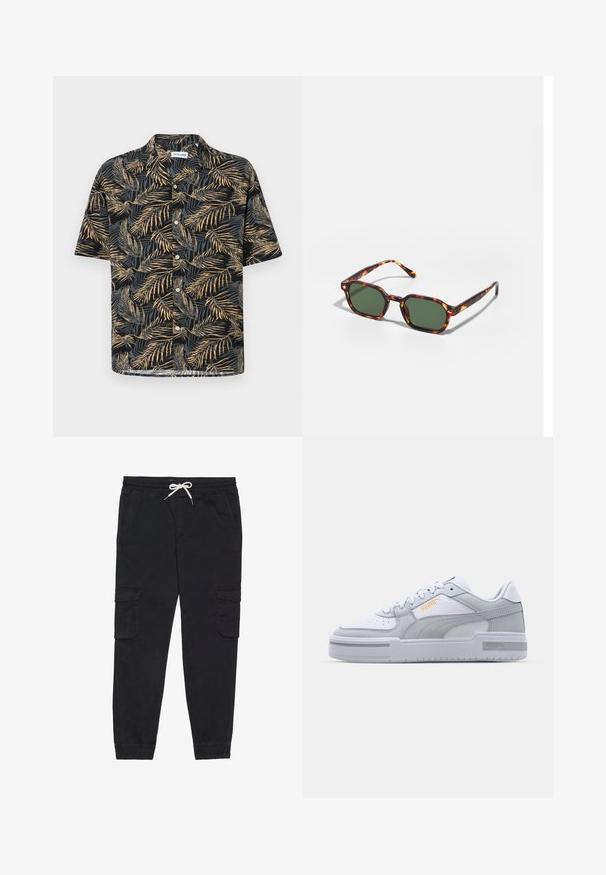 Kratké rukávy košile z černé tkaniny s palmovým listovým vzorem ve zlaté a béžové barvě, s klasickým límcem a zapínáním na knoflíky.; Černé cargo kalhoty vyrobené z bavlny, s elastickým pasem na šňůrku, bočními kapsami a zúženými manžetami.; Šedé a bílé tenisky s hladkým koženým svrškem, perforovanou špičkou, šněrováním, texturovanými akcenty a jemným zlatým logem.; Kočičí brýle v barvě želvoviny se zelenými skly, s osmiúhelníkovým tvarem a úzkými, zakřivenými stranami. Materiál má lesklý povrch.