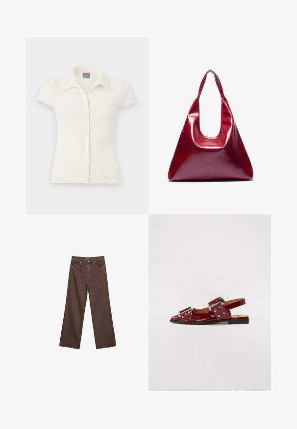 Short-sleeve, white textured blouse with a collared neckline and five button closure, featuring a subtle woven pattern and frayed hem.; Wide-leg brown jeans made of denim, featuring a high waist, front pockets, and a classic button closure. Smooth texture with subtle stitching.; Burgundy patent leather slingback shoes with a pointed toe, featuring two adjustable buckled straps and silver hardware accents.; Red glossy leather handbag with a triangular shape, wide top opening, and a single curved handle. Smooth texture with minimal stitching details.