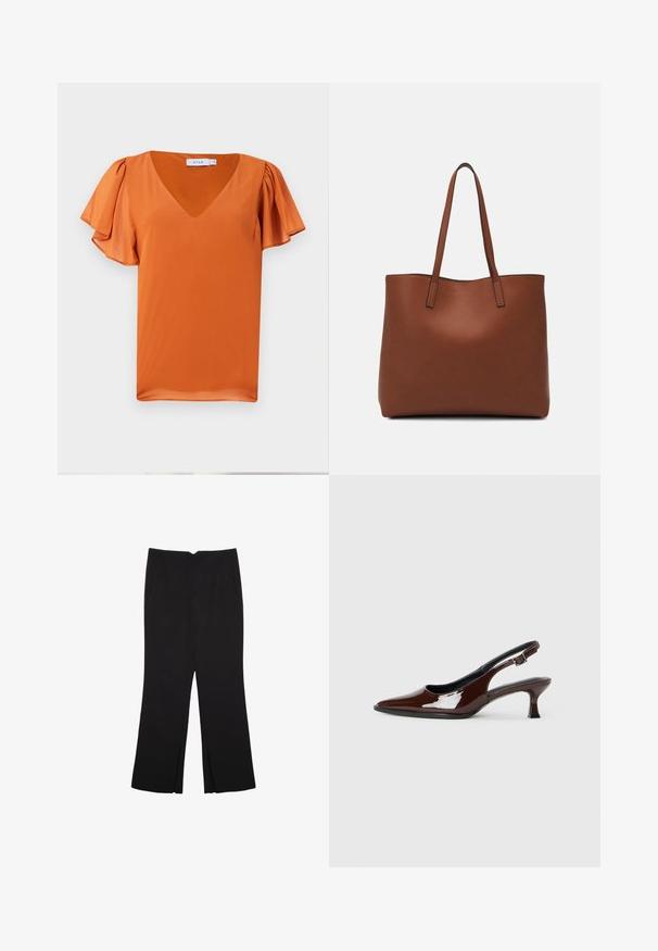 Krótki rękaw bluzki w jasnym pomarańczowym kolorze, z dekoltem w kształcie V i delikatnie marszczonymi rękawami, wykonanej z gładkiego materiału o lekkiej teksturze.; Czarne spodnie o prostym kroju, z przednimi kieszeniami i bocznymi rozcięciami na dole. Wykonane z miękkiego, gładkiego materiału. Odpowiednie na różne okazje.; Brązowe lakierowane skórzane buty na obcasie typu slingback z ostrym noskiem i umiarkowanym obcasem. Posiadają pasek z klamrą dla zapewnienia stabilnego dopasowania. Gładka tekstura.; Brązowa skórzana torba tote o gładkiej fakturze, z otwartym wierzchem i dwoma ramiączkami. Charakteryzuje się minimalnym przeszyciem i brakiem widocznych elementów metalowych.