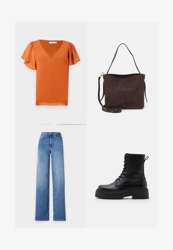 Top a maniche corte di un vivace arancione, con scollatura a V e maniche leggermente arricciate, realizzato in tessuto liscio con una texture leggera.; Jeans a gamba larga di un azzurro chiaro, realizzati in denim, con vita alta, tasche frontali e chiusura con bottone standard. Texture liscia.; Stivaletti in pelle nera alla caviglia con punta rotonda, lace-up frontale e suola in gomma spessa con battistrada textured. Tassello sul retro.; Borsa a spalla in suede marrone con una texture morbida, caratterizzata da una singola tracolla e un'apertura superiore leggermente curvata. Nessun dettaglio hardware visibile.; Orecchini a cerchio in argento con un design minimalista. Forma circolare, superficie liscia e profilo sottile. Leggeri con una finitura lucida.