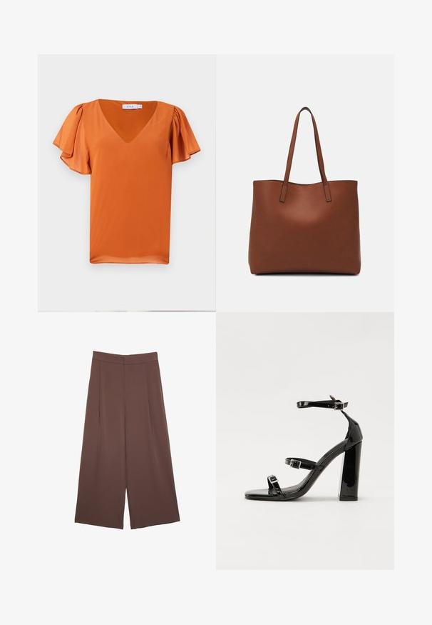 Top a maniche corte di un vivace arancione, con scollatura a V e maniche leggermente arricciate, realizzato in tessuto liscio con una texture leggera.; Pantaloni ampi marroni con una texture liscia, caratterizzati da una vita alta e pieghe frontali. Il tessuto è leggero e scorre liberamente.; Sandali con tacco in vernice nera, con punta squadrata, cinturini alla caviglia e fibbie in argento. Presentano un tacco a blocco spesso per maggiore stabilità.; Borsa tote in pelle marrone con texture liscia, design con apertura superiore e due spallacci. Presenta cuciture minime e nessun hardware visibile.