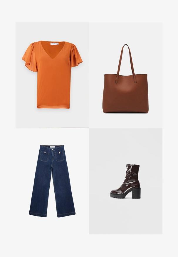 Kortærmet top i lys orange, med v-udskæring og blødt samlede ærmer, fremstillet af glat stof med let tekstur.; Mørkeblå brede bukser lavet af denim, med to forlommer med dekorative knapper og lige afslutning.; Glatte burgunder ankelstøvler med en chunky sort hæl, der har en glat tekstur og et simpelt design. Ingen synlige lukninger eller mønstre.; Brun læder tote taske med en glat overflade, åben topdesign og to skulderremme. Har minimal syning og ingen synlig hardware.