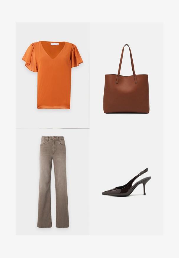 Short-sleeve top in bright orange, featuring a v-neck and softly gathered sleeves, made from smooth fabric with a lightweight texture.; Brown high-waist straight-leg jeans with front button, belt loops, and classic five-pocket design on a white background.; Slingback high-heeled shoe in glossy dark brown patent leather, pointed toe, open sides, and adjustable ankle strap.; Brown leather tote bag with a smooth texture, open top design, and two shoulder straps. Features minimal stitching and no visible hardware.