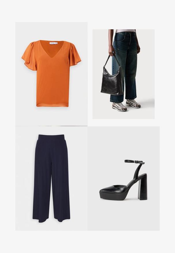 Kortermet topp i lys oransje, med v-hals og mykt gatherede ermer, laget av glatt stoff med lett tekstur.; Bredde bukser i mørk marineblå stoff med ribbet tekstur. Har en glatt midje og en luftig silhuett, som når midt på leggen.; Sorte plattformhelter med spiss tå og justerbar ankelrem. Laget av glatt lær, med en robust blokkhel.; Sort skinnveske med en glatt tekstur og justerbar stropp, kombinert med falmede vide jeans og atletiske sneakers.