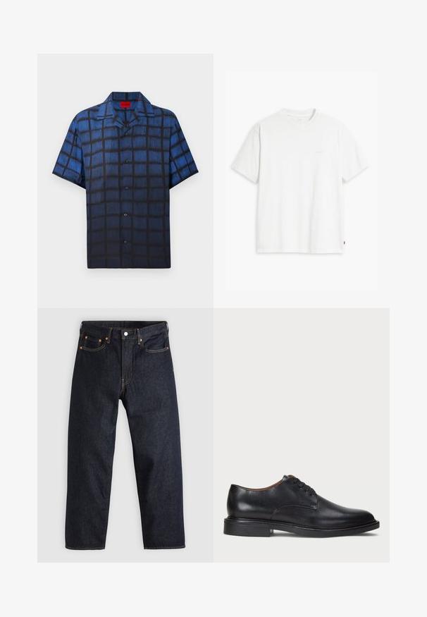 Vyrų trumpo rankovio mygtukų marškiniai su mėlyna ir juoda tekstūruota languota raštų bei plačiu apykaklės modeliu.; Balta medvilninė marškinė su trumpomis rankovėmis, apvaliu kaklu ir subtiliu Levi's logotipu viduryje. Minkšta tekstūra ir standartinė išvaizda.; Tamsiai mėlynos džinsinės kelnės su tiesiu kirpimu, penkiomis kišenėmis, kontrastingomis oranžinėmis siūlėmis ir mygtukų užtrauktuku. Nėra matomų raštų ar papuošimų.; Juodas odinis suknių batelis su apvalia nosimi, raišteliais ir žemu, sukrautu kulnu. Lygus paviršius su minimaliais siuvinėjimo detalėmis.