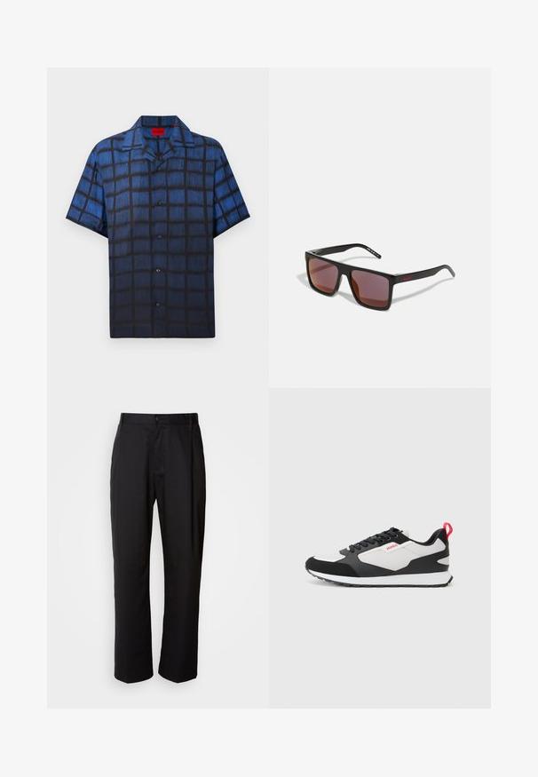 Cămașă pentru bărbați cu mânecă scurtă, cu nasturi, model cu pătrățele texturate în nuanțe de albastru și negru și guler tip răspândit.; Pantaloni negri cu croi drept, realizați din țesătură ușoară. Prezintă un închidere cu buton în față și două buzunare laterale; textură netedă.; Adidași negri și albaștri, cu un superior din suede și plasă, având o bandă roșie de tragere și o talpă texturată. Design cu șireturi, cu detaliu logo.; Ochelari de soare dreptunghiulari negri cu lentile roșii închise, având un finisaj mat și un logo roșu pe braț. Ramă din plastic rezistent.