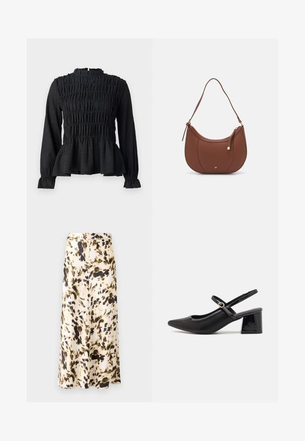 Black long-sleeve top featuring smocked detailing, high neck, and a flared peplum hem. Made from textured fabric with ruffled cuffs.; A knee-length skirt in a light fabric with a beige, brown, and green abstract pattern. Features a fitted waistband and flowing design.; Black patent leather slingback heels with a pointed toe, a rounded cutout design, and a block heel. Features a gold-tone buckle accent.; Brown faux leather shoulder bag with curved shape, minimal stitching, and a gold-tone hardware accent. Features a top zipper closure and adjustable strap.