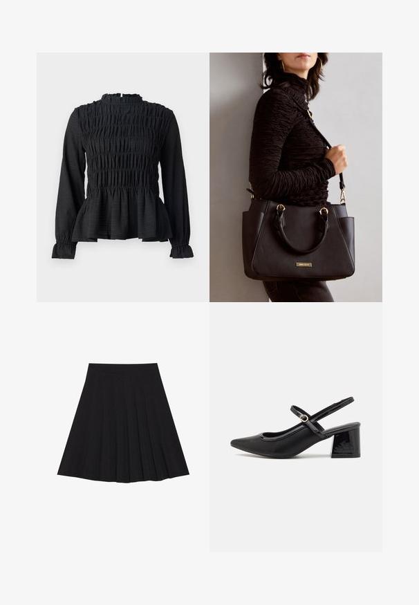 Top negru cu mânecă lungă, cu detalii smockate, guler înalt și tiv peplum evazat. Fabricat dintr-un material texturat, cu manșete fronsate.; Fustă plisată neagră dintr-un material texturat, cu un elastic ajustat. Se termină la nivelul genunchiului, având o siluetă netedă și curată.; Cizme cu toc slingback din piele sintetică lacuită neagră, cu vârful ascuțit, un design cu decupaj rotunjit și toc bloc. Include un accent cu cataramă de culoare aurie.; Geantă de umăr neagră cu suprafață texturată, cu două mânere superioare și curea de umăr ajustabilă. Dispune de accesorii metalice de culoare aurie și buzunare laterale.