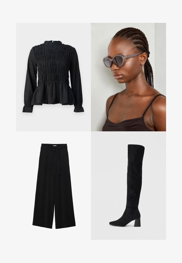 Svart långärmad topp med smockdetaljer, hög hals och utsvängd peplumslag. Tillverkad av strukturerad tyg med volangärmar.; Svarta vida byxor med texturerad tyg, elastisk midja och en avtagbar käppknut i midjan för justerbar passform.; Svarta mocka knähöga stövlar med klack, spetsig tå och slät, sömlös design mot en ljus, enfärgad bakgrund.; Grå överdimensionerade solglasögon med rundad form och mörka linser. Slank plastbåge med en slät yta. Modellen har flätat hår.