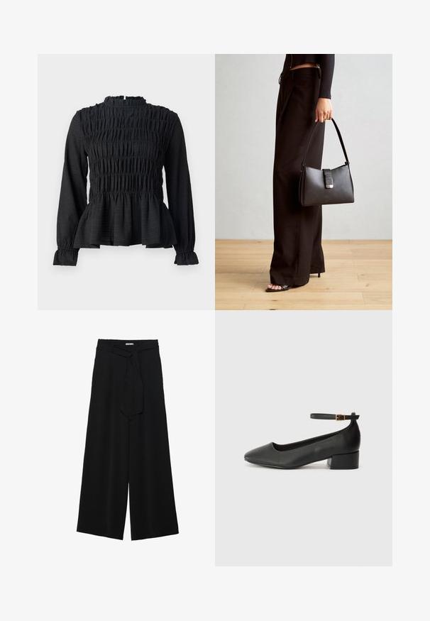 Svart langermet topp med smockdetaljer, høy hals og flagrende peplum-bunn. Laget av teksturert stoff med volanger på ermene.; Svart vide bukser med teksturert stoff, elastisk midje og avtagbart belte som gir justerbar passform.; Sorte skinnpumper med spiss tå og lav blokkhelt. Har ankelrem med gullfarget spenne. Glatt tekstur.; Svart håndveske med strukturert form, jevn tekstur og metallisk lås. Kombinert med brede svarte bukser og sandaler med åpen tå på tregulv.