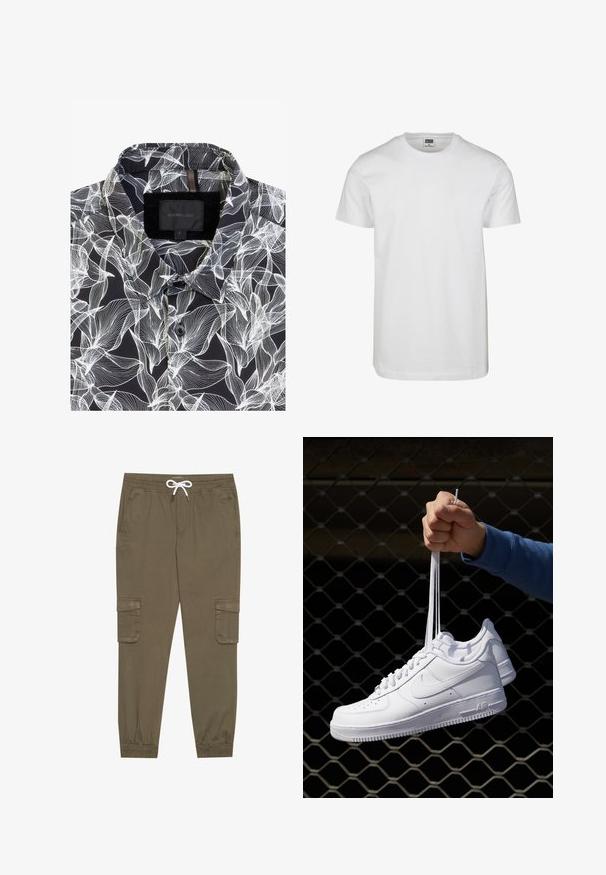 Camicetta nera a maniche corte con un motivo floreale bianco, dotata di colletto appuntito, chiusura con un bottone singolo e un'etichetta cucita all'interno.; T-shirt bianco in cotone con scollo rotondo, maniche corte e vestibilità comoda. L'etichetta reca la scritta "URBAN CLASSICS". Texture liscia, senza motivi né dettagli.; Pantaloni cargo khaki con elastico in vita e cordino, dotati di tasche laterali e caviglie cuffiate. Realizzati in un materiale leggero e testurizzato.; Sneakers in pelle bianca con perforazioni, punta rotonda, suola piatta e lacci spessi, con logo swoosh visibile e "AIR" sul tallone.