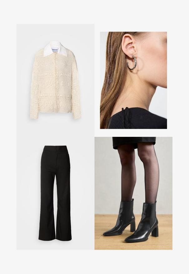 Čipková blúzka so štruktúrovaným bielym golierom, s jemnými kvetinovými vzormi na krémovej tkanine, dlhé rukávy a voľný strih.; Čierne široké nohavice s hladkou textúrou, vysokým pásom a jednoduchým dizajnom. Žiadne viditeľné vrecká ani ozdoby.; Čierne kožené členkové topánky s špicatou špičkou, robustný štvorcový opätok a elegantný dizajn. Obsahujú elastické bočné panely pre jednoduché obúvanie.; Strieborná kruhová náušnica s lesklým povrchom, obsahujúca malé zlaté akcenty a okrúhly tvar, nosená na lalôčiku ucha.