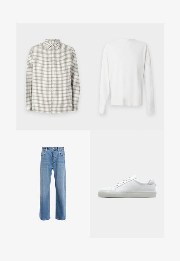 Camicia a maniche lunghe con bottoni in beige chiaro con una classica fantasia a scacchi grigia scura. Presenta un colletto e una tasca sul petto. Tessuto morbido.; Camicia bianca in cotone a maniche lunghe con scollatura rotonda, spacchi laterali in fondo e una texture liscia, mostrata da dietro.; Jeans in denim blu chiaro con design a gamba dritta, cinque tasche, chiusura con bottone, leggero sbiadimento e dettagli di cucitura a contrasto.; Sneaker bianco con tomaia in pelle liscia e profilo basso. Presenta una punta arrotondata, sei occhielli e una suola in gomma testurizzata.