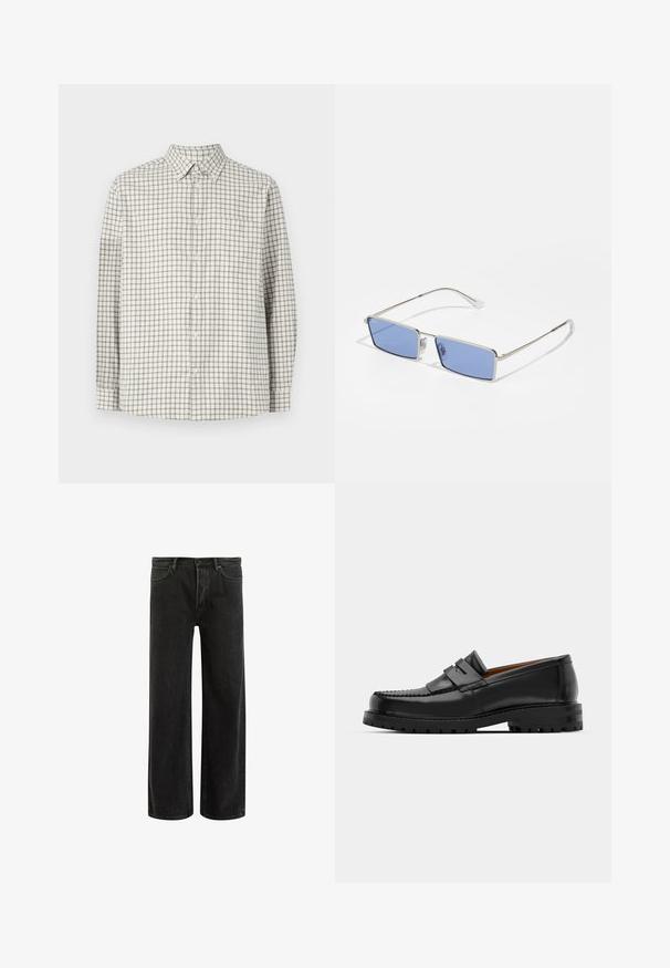 Ilgas rankoves mygtukinis marškiniai šviesiai smėlio spalvos su tamsiai pilku langeliu raštu. Yra apykaklė ir viena krūtinės kišenė. Minkšta medžiagos tekstūra.; Juodi džinsai plačiomis kojomis su aukštu liemeniu, su klasikinio penkių kišenių dizainu ir švelniu prasiskverbimu dėl tekstūruotos išvaizdos.; Juodi odiniai loafersai pasižymi pakelta siūle, dviem dekoratyviais dirželiais ant viršaus ir storu tekstūruotu padu, kad būtų užtikrintas didesnis sukibimas.; Metaliniai saulės akinių su stačiakampiu pavidalu, mėlynai tonuoti objektyvai ir sidabrinis rėmas. Turi nosies pagalvėles ir plonas, tiesias šventyklas.