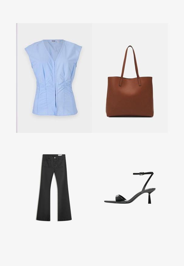 Top fără mâneci, de culoare albastru deschis, cu decolteu în V, detalii laterale pliate și închidere cu nasturi, realizat dintr-un material neted cu un luciu subtil.; Blugi negri evazați din denim cu o textură netedă, având două buzunare la spate și închidere cu buton la talie.; Bershka Sandale cu toc - black; Geantă de umăr din piele maro cu o textură netedă, design cu vârf deschis și două curele pentru umăr. Prezintă cusături minime și fără componente metalice vizibile.