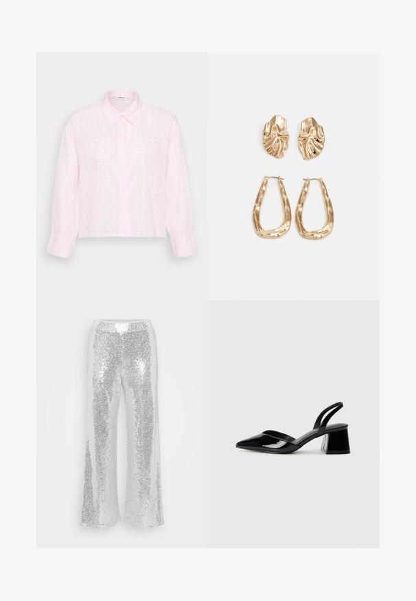 Camisa rosa claro abotoada com colarinho estruturado, mangas longas e corte cropped. Apresenta pequenos pontos pretos e textura ribada.; Calças largas prateadas com lantejoulas e uma cintura alta. O tecido brilha e reflete a luz, apresentando uma textura suave e brilhante.; Sandy em verniz preto com salto slingback, ponta afilada e salto geométrico. Apresenta um design elegante e minimalista com textura suave.; Brincos em tom de ouro com formas onduladas e texturizadas. Inclui studs escultóricos com presilha e um design de argola aberta com um acabamento martelado.