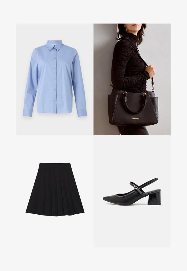 Light blue, long-sleeve button-up shirt with a pointed collar, front placket, and rounded hem, made from smooth, woven fabric.; Black pleated skirt made of textured fabric with a fitted waistband. Falls to knee length, featuring a smooth, clean silhouette.; Black patent leather slingback heels with a pointed toe, a rounded cutout design, and a block heel. Features a gold-tone buckle accent.; Black handbag with textured surface, dual top handles, and adjustable shoulder strap. Features gold-tone hardware and side pockets.