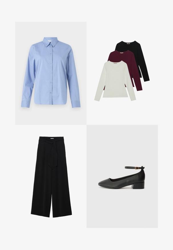 Camisa de botão de manga longa, azul claro, com colarinho pontiagudo, casa de botão frontal e barra arredondada, feita de tecido liso e tecido.; T-shirts de manga longa nas cores branca, burgundy e preta. Feitos de um tecido suave com decote redondo e design ajustado. Adequados para sobreposições.; Calças largas pretas com um tecido texturizado, uma cintura elástica e um laço destacável na cintura para um ajuste ajustável.; Sandal de pele preta com bico pontiagudo e um salto bloco baixo. Apresenta uma tira no tornozelo com uma fivela em tom dourado. Textura suave.