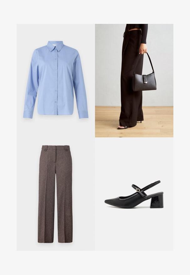 Light blue, long-sleeve button-up shirt with a pointed collar, front placket, and rounded hem, made from smooth, woven fabric.; Brown wide-leg trousers made from textured fabric. Features two front pockets and a tailored fit with two buttons at the waistband.; Black patent leather slingback heels with a pointed toe, a rounded cutout design, and a block heel. Features a gold-tone buckle accent.; Black handbag with structured shape, smooth texture, and a metallic clasp. Paired with wide black pants and open-toe sandals on wooden floor.