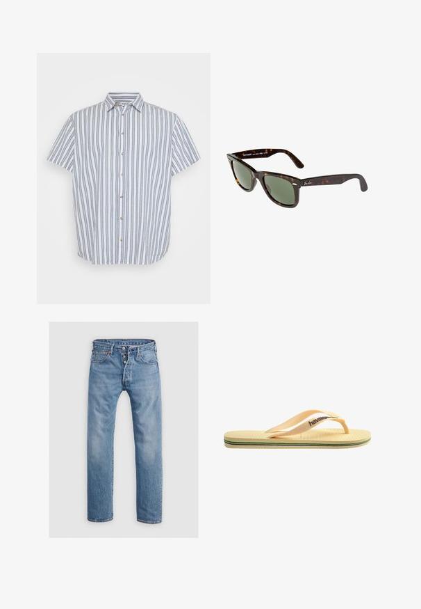 Kratka majica s dugim rukavima, bela s plavim vertikalnim prugama. Ima klasičan ovratnik i drvene dugmadi na prednjoj strani.; Svetlo modri kavbojki z ravnim krojem, petimi žepi in zapiranjem na gumb. Imajo subtilno bledenje in šivane detajle.; Rumene gumijaste japonke z teksturiranim podplatom, tankimi trakovi in večbarvnimi črtami ob podplatu. Logotip blagovne znamke je na traku.; Sončna očala Wayfarer s temno želvejo plastično ogrodje, zelenimi lečami in srebrnim logotipom Ray-Ban na tempeljih.
