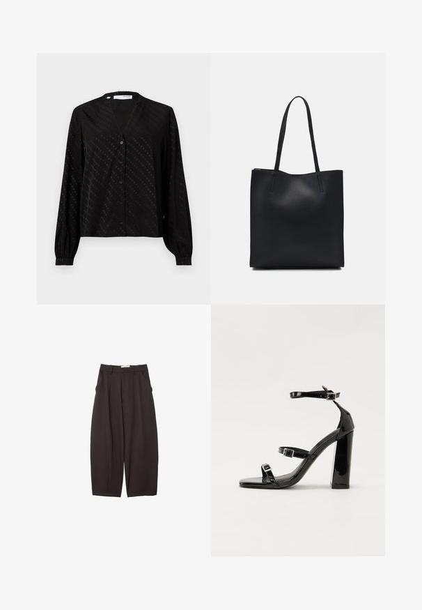 Črna bluza iz gladkega blaga, z V-izrezom, dolgimi rokavi, gumbnim zapiranjem spredaj in subtilnim pikčastim vzorcem po površini.; Črne široke hlače iz gladkega materiala, z visokim pasom, zgornjimi pregibi in stranskimi žepi. Preprost dizajn brez okrasnih elementov.; Črne lakirane sandale s peto, kvadratnim prstom, trakovi okrog gležnja in srebrnimi zaponkami. Opremljene so s stabilno Debelo peto.; Črna usnjena torba s svilnato teksturo, pravokotne oblike in dvema dolgima ročajema. Brez vidnih metalnih delov ali okrasnih elementov.