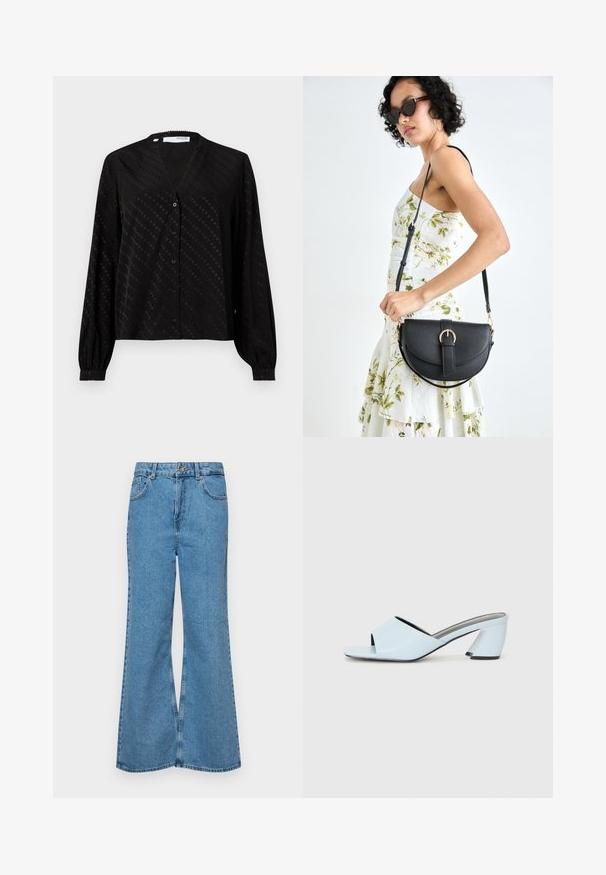 Zwarte blouse van gladde stof, met een V-hals, lange mouwen, knoopsluiting aan de voorkant en een subtiel stippenpatroon over het oppervlak.; Lichtblauwe flared jeans van denim, met een hoge taille, vijf zakken en een enkele knoopsluiting. Zachte textuur met een vervaagde afwerking.; Lichtblauwe open teen hakmules met een geometrisch ontwerp, voorzien van een brede band over de voet en een forse, hoekige hak.; Zwarte leren handtas met een gebogen vorm, afneembare schouderband en gouden hardware. De tas heeft een klep met een gespsluiting.