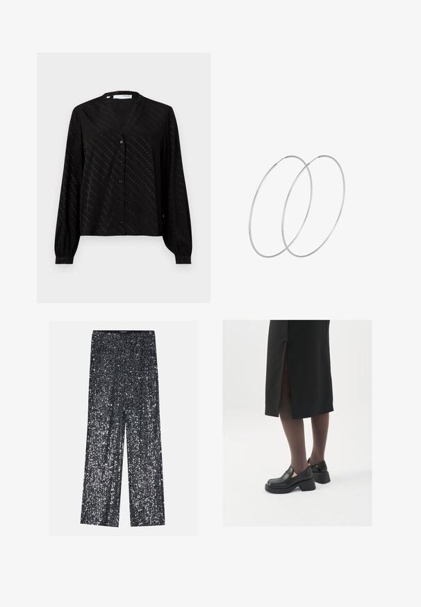 Black blouse made of smooth fabric, featuring a V-neck, long sleeves, button front, and a subtle dot pattern across the surface.; Black sequin palazzo pants with a wide leg design and elastic waistband, featuring a shiny, textured surface that reflects light.; Black leather shoes with a rounded toe, thick block heel, and elastic side accents, paired with dark tights and a black skirt with a slit.; Silver hoop earrings with a minimalist design. Circular shape, smooth texture, and thin profile. Lightweight with a polished finish.