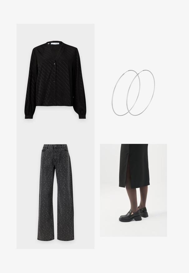 Blusa nera realizzata in tessuto morbido, con scollatura a V, maniche lunghe, chiusura con bottoni e un sottile motivo a pois sulla superficie.; Noisy May NMJANNEL LOOSE - Jeans baggy - black denim; Scarpe in pelle nera con punta arrotondata, tacco spesso a blocco e accenti laterali in elastico, abbinate a collant scuri e una gonna nera con uno spacco.; Orecchini a cerchio in argento con un design minimalista. Forma circolare, superficie liscia e profilo sottile. Leggeri con una finitura lucida.