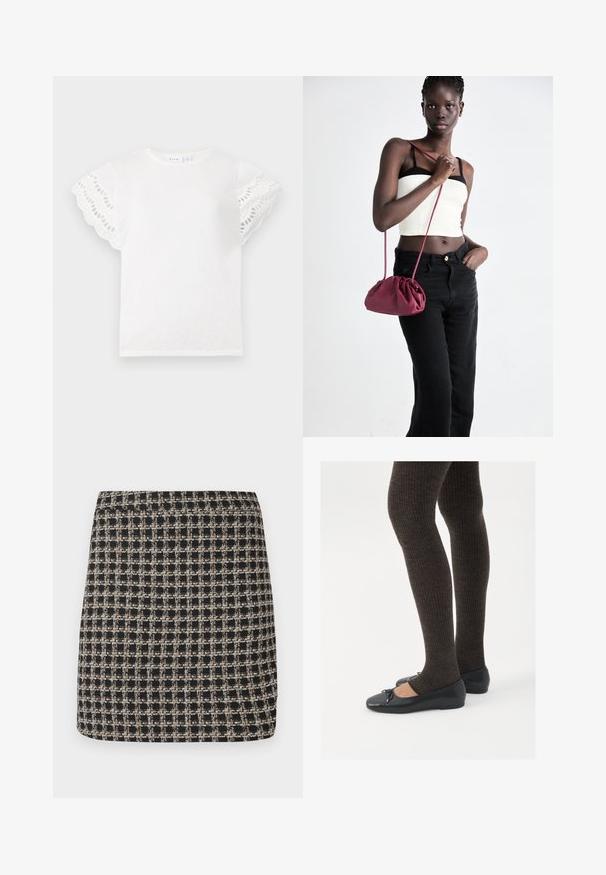 Vit t-shirt med korta, scallop-skjortärmar som har ögla utskärningar. Mjuk tyg, rund hals och enkel design utan ytterligare dekorationer.; Svart och beige rutigt minikjol med en texturerad väv och en slät midja, med en strukturerad passform och enkel design.; Svarta platta skor med en liten rosett vid tån, i kombination med mörkbruna ribbade strumpbyxor. Skorna har en slät yta och låg profil.; Burgundy mjukt tyg handväska med en samlad design och en lång rem, bärs över kroppen. Modellen bär en vit crop top och svarta jeans.